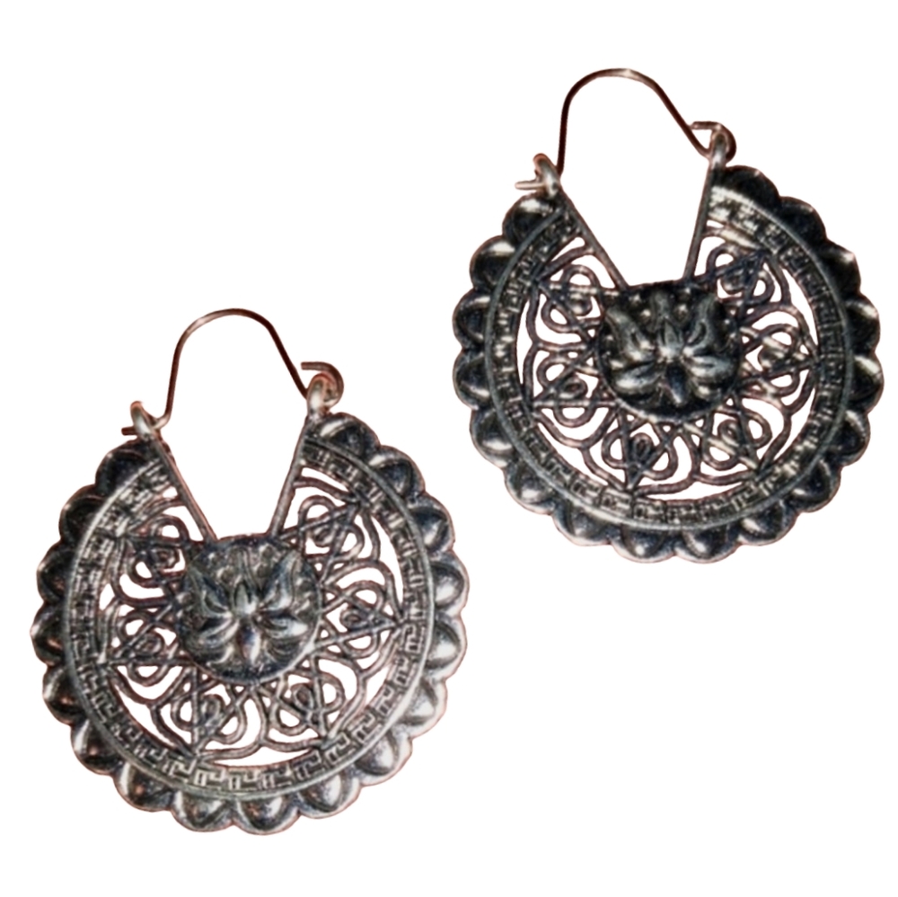 Lotus Flower Mandala Earrings Silver Filigree Lace Floral Huggie Hoops Botanical